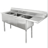 Hakka Brothers 16 Gauge Stainless Steel Three Compartment Commercial Sink with Right Drainboard - 18" x 18" x 11" Bowls
