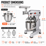 Hakka Commercial 20Qt Planetary Stand Mixer with Meat Grinder Attachment, 1100W Electric Food Mixer, 3 Speeds 125/225/404 RPM, Includes Dough Hook, Flat Beater & Whisk,ETL Certification