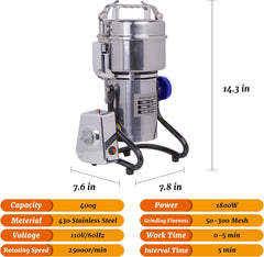 Hakka Grain Mill 400g High Speed Food Electric Stainless Steel Powder MillSeeds Flour Nut Pill Wheat Corn Herbs Spices Powder Machine,1800W