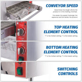 Close-up of EasyRose conveyor pizza oven control panel featuring independent top heating, bottom heating, and conveyor speed adjustment dials.