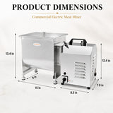 Product dimensions of Hakka 7.5L commercial electric meat mixer with stainless steel tank and motor