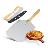 Clivia 12x14" Aluminum Pizza Peel with 11" Foldable Wooden Handle, 430Stainless Steel Wooden Handle 13.78" Blade Pizza Cutter Set