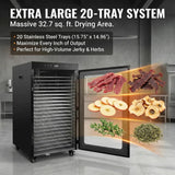 Morgangastro 20-Tray Food Dehydrator, 1600W, 86°F-194°F, 24H Timer, for Jerky, Fruits, Meat & Herbs