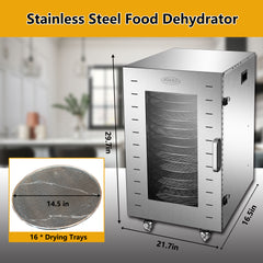 Hakka Food Dehydrator 16 Trays Stainless Steel 360° Rotation Meat Jerky Dryer