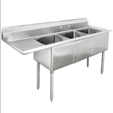 Hakka Brothers 16 Gauge Stainless Steel Three Compartment Commercial Sink with Left Drainboard - 18" x 18" x 11" Bowls
