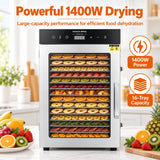 Hakka Bros 16-Tray 1400W Food Dehydrator, 26.2 sq. ft. Drying Space, 86–194°F Temp, 24H Timer & Glass Door
