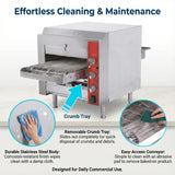 EasyRose stainless steel conveyor pizza oven with removable crumb tray and easy-clean conveyor belt