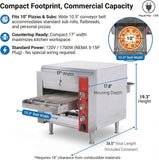 EasyRose 10.5-inch countertop conveyor pizza oven dimensions with belt width, depth, height, and total length.