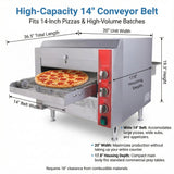 EasyRose 14-inch conveyor pizza oven dimensions with wide belt, 20-inch unit width, and countertop design