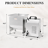Product dimensions infographic for the Hakka 15L 30 lb commercial electric meat mixer