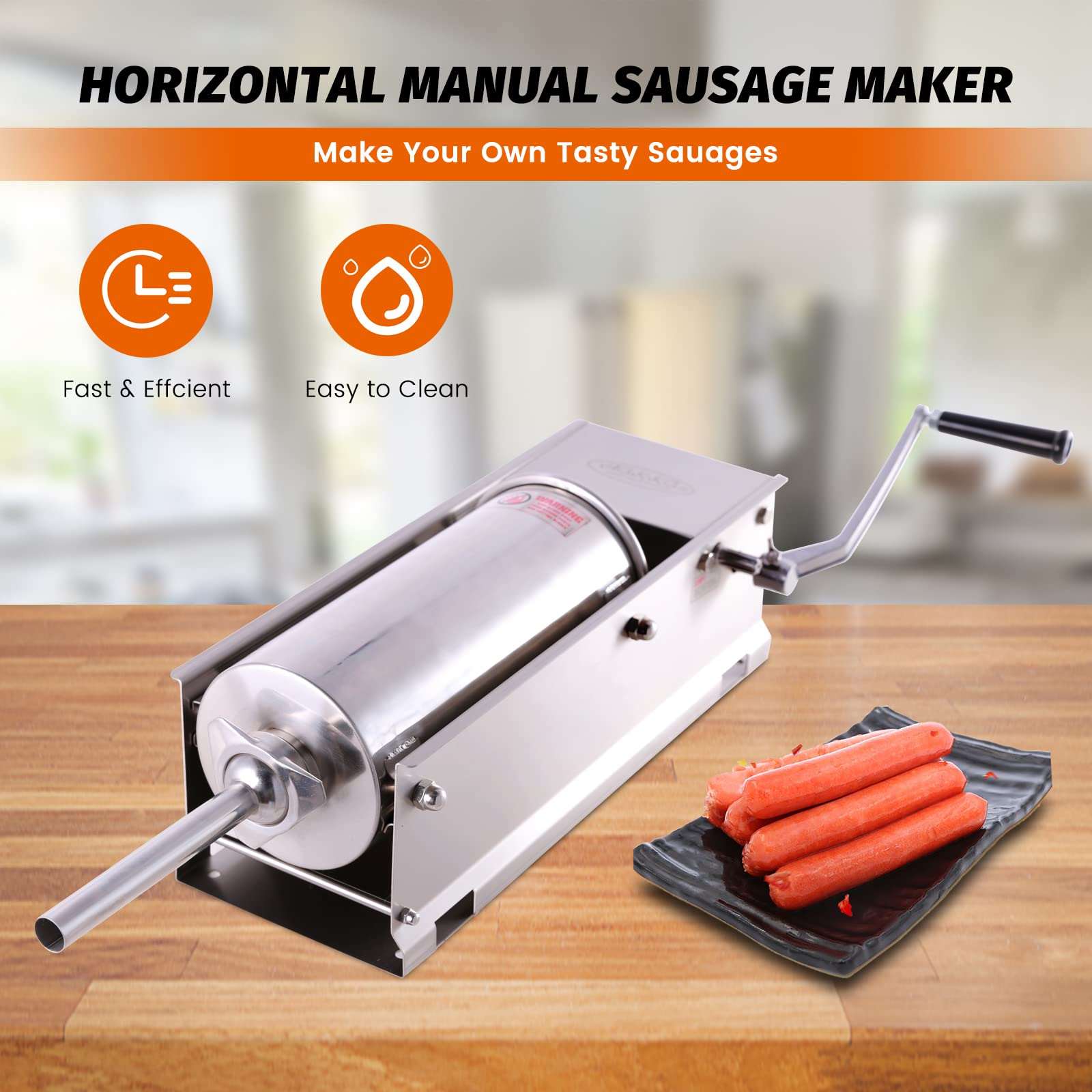 Hakka 11 Lbs(5liter) Sausage Stuffer 2 Speed Stainless Steel Horizontal Sausage Filler(Official Refurbishment)