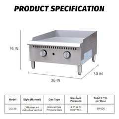 EasyRose Heavy Duty Commercial 36" Countertop Gas Thermostat Griddles