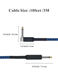 20Feet Musical Instrument Cable (Straight 1/4" TS to Right Angle 1/4" TS), for Electric Guitar,Bass Guitar,10Ft, Black and Blue Tweed Cloth