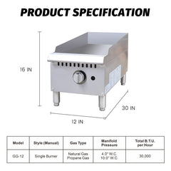 EasyRose Heavy Duty Commercial 12" Countertop Gas Thermostat Griddles