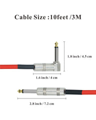 10Feet Professional Guitar Instrument Cable with a red Tweed Coat Angle 1/4 Inch TS to Straight 1/4 Inch TS