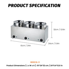 EasyRose Commercial Food Warmer 3X3.7QT Round Soup Pot Steam Table Food Warmer with Temperature Control & Lids- 110V, 600W