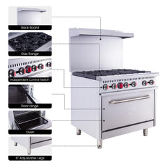 EasyRose 36 Inch Gas Range 6 Burner Heavy Duty Ranges With Oven, Commercial Range for Kitchen Restaurant - 210,000 BTU, ETL Certified