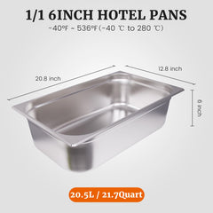 Clivia 1/1 Size Stainless Steel Food Pans,6"Deep Food Containers- Pack of 6