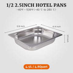 Clivia 1/2 Size Stainless Steel Food Pans,2.5"Deep Food Containers- Pack of 6