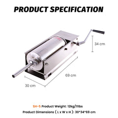 Hakka 11 Lbs(5liter) Sausage Stuffer 2 Speed Stainless Steel Horizontal Sausage Filler(Official Refurbishment)