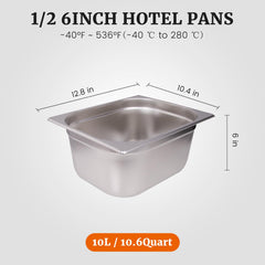 Clivia 1/2 Size Stainless Steel Food Pans,6"Deep Food Containers- Pack of 6