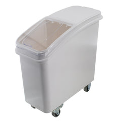 21 Gallon / 335 Cup White Slant Top Mobile Ingredient Storage Bin with Sliding Lid & Scoop